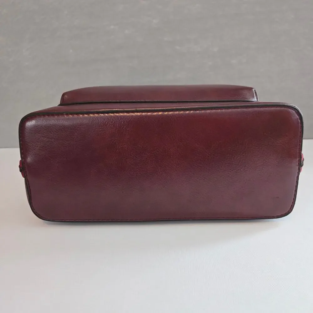 Backpack Mid-Size Burgundy Hard Shell Faux Leather Zipper Closure Adj Straps NEW